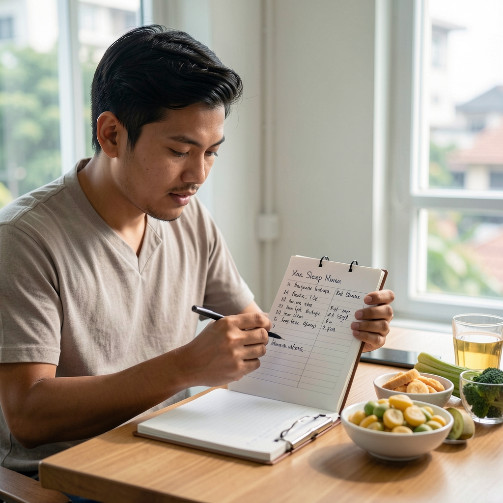 Man in Jakarta reviewing a handwritten sleep log beside magnesium-rich foods