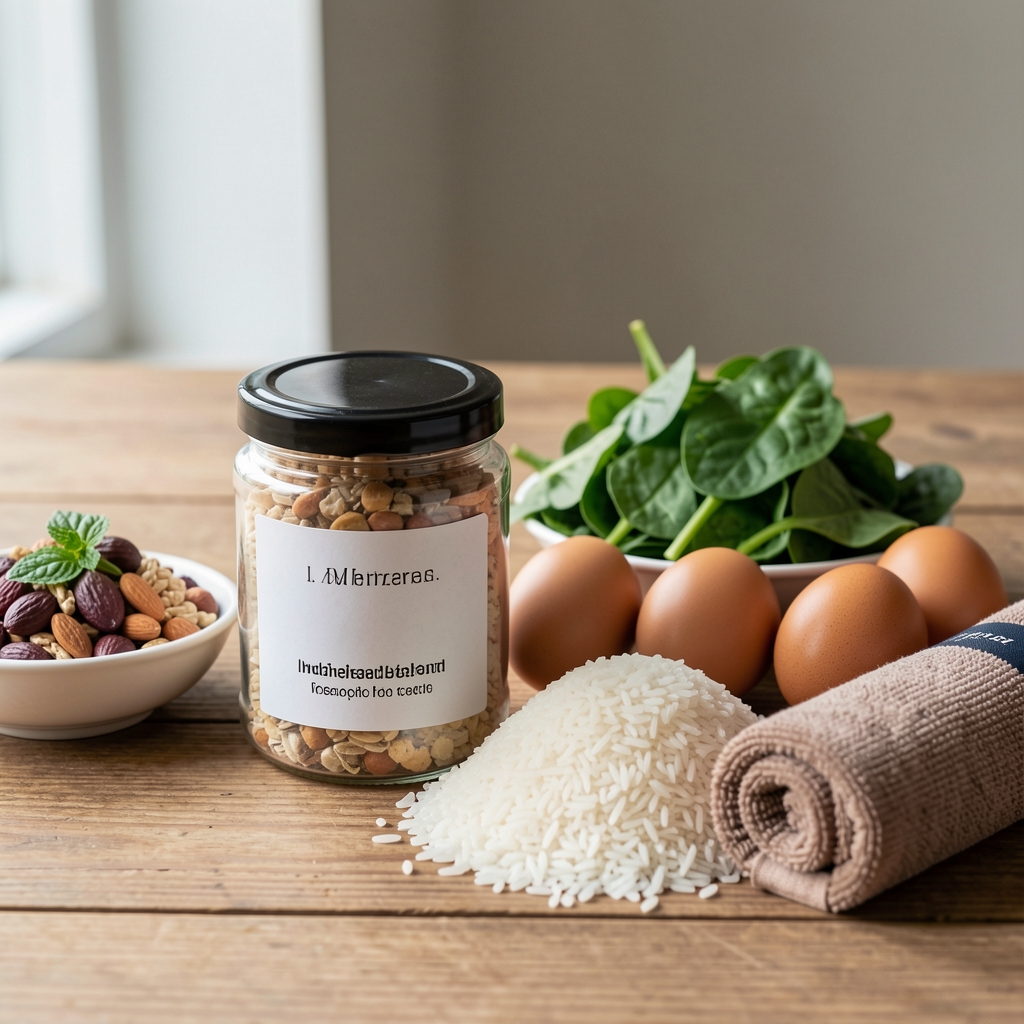 Mineral blend jar beside Indonesian whole foods, rice, greens, eggs, and a training towel