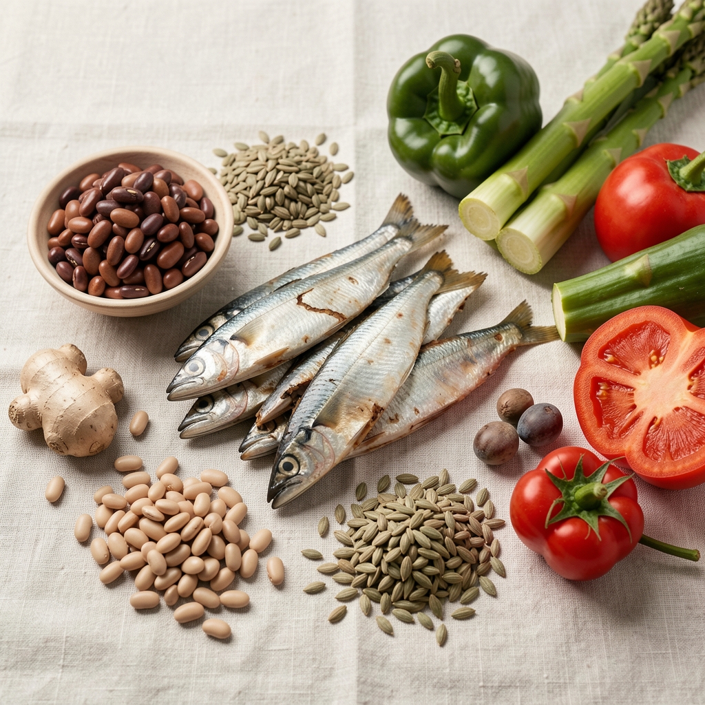 Mineral-rich whole foods including sardines, beans, seeds, and vegetables arranged on pale linen