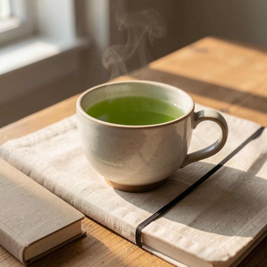 Ceramic cup of green tea with L-theanine ingredient notes and a linen notebook in morning light