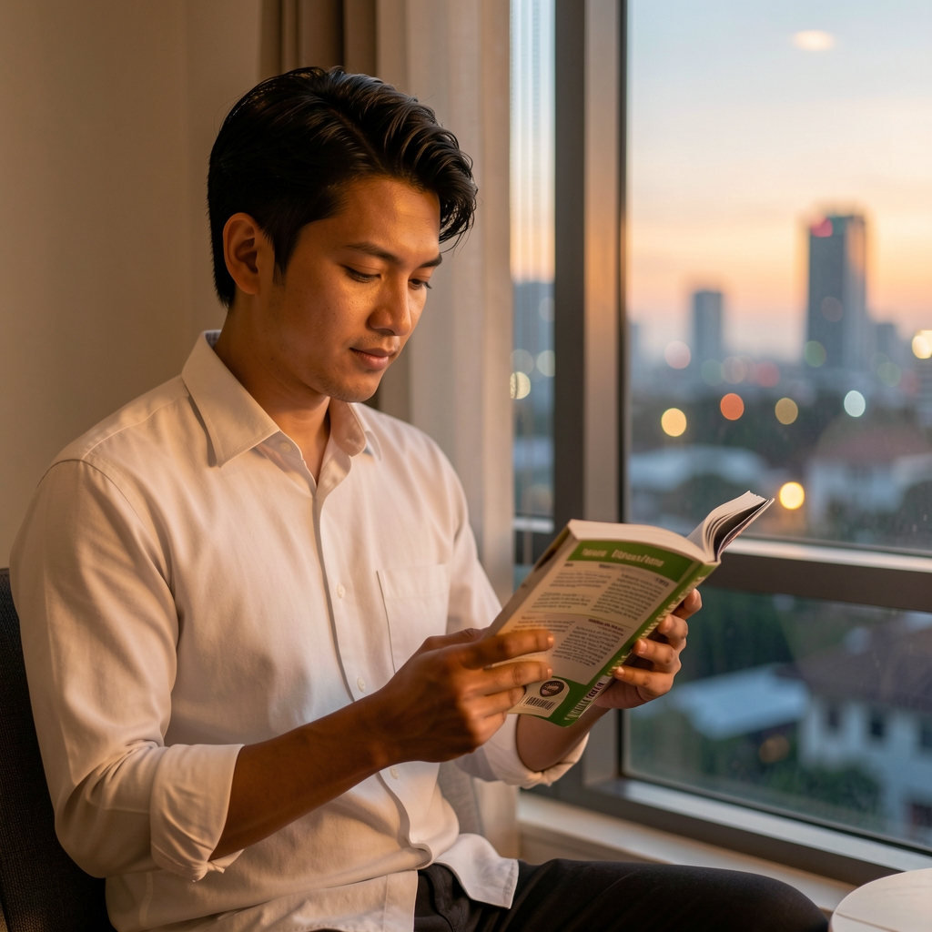 Active Indonesian man reading a nutrition journal beside a softly lit evening window in Jakarta